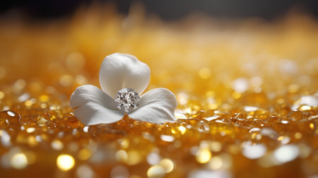 Jewelry diamond ring with flower petals on golden background.の素材