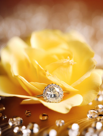 Jewelry diamond ring on yellow rose petals with bokeh backgroundの素材