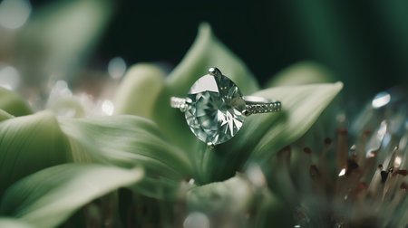 wedding ring with diamond on green leaf background, closeupの素材