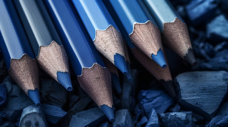 Close up of blue pencils on wood background. Selective focus. Toned.の素材