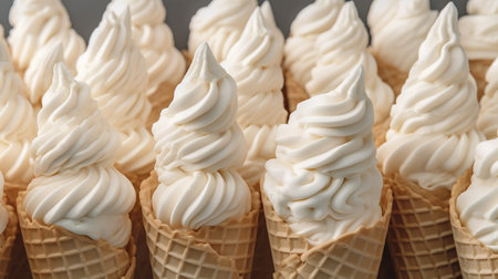 Vanilla ice cream in waffle cones on grey background, close upの素材