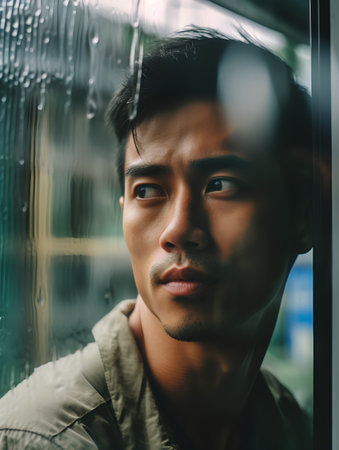 Portrait of a young Asian man looking through the window with raindropsの素材