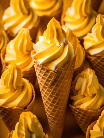 Vanilla ice cream in waffle cones on a yellow background.の素材
