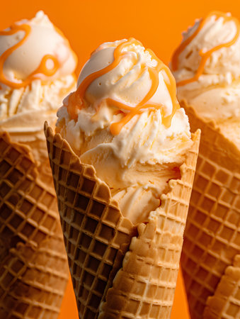 Vanilla ice cream in waffle cones on orange background, close upの素材