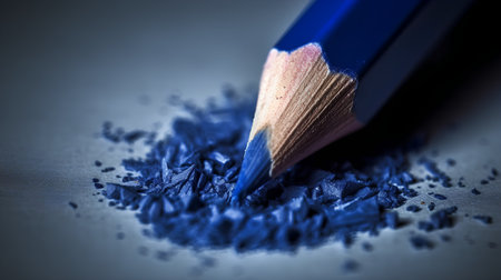Blue pencil with sharpening shavings on a dark background.の素材