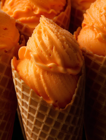 Scoops of orange ice cream in waffle cones on black backgroundの素材
