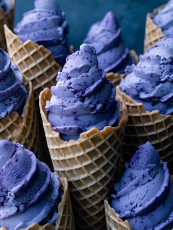 Blueberry ice cream in waffle cones on dark blue background.の素材