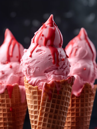 Strawberry ice cream in waffle cones on a dark backgroundの素材