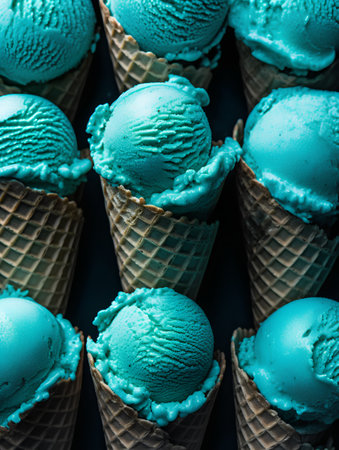 Blue ice cream scoops in waffle cones on black background.の素材