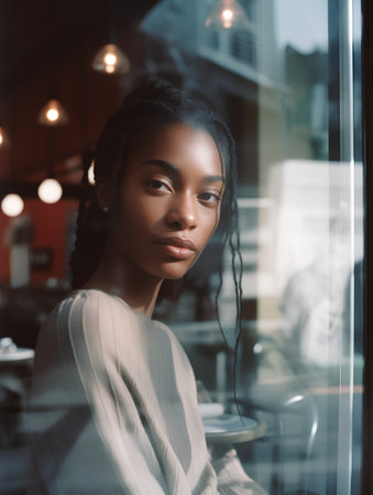 Fashion portrait of young african american woman in cafe.の素材