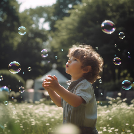Cute little boy playing with soap bubbles in the park on summer dayの素材
