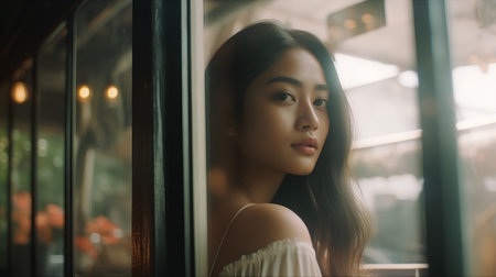 Portrait of beautiful asian woman looking through the window at cafeの素材