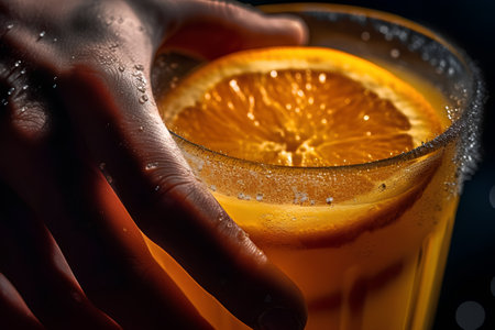 Cocktail with orange in hand on a dark background close upの素材