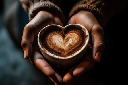 Female hands in warm sweater holding cup of coffee with heart shape on itの素材