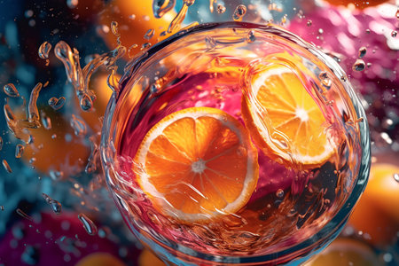 Cocktail in a glass with splashes of water and oranges on a dark backgroundの素材