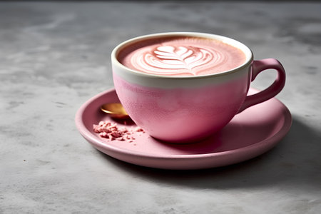 Cup of coffee with latte art on grey stone background.の素材
