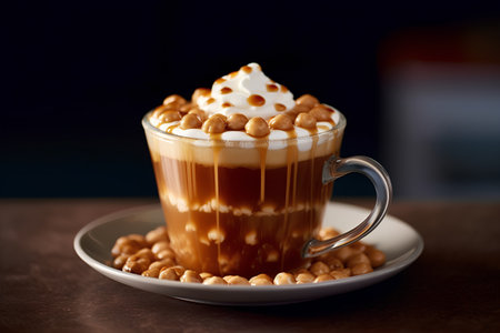 Cup of coffee with whipped cream and nuts on a dark backgroundの素材