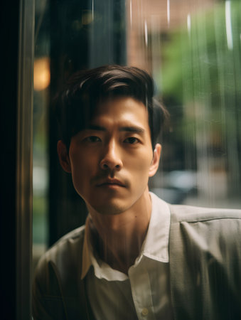 Portrait of young handsome Asian man looking through window in city.の素材