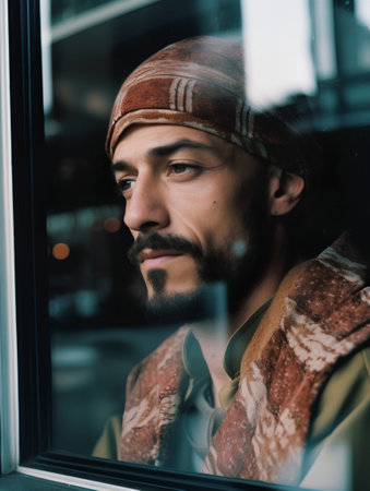Portrait of a handsome bearded man in a turban looking out the windowの素材