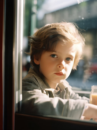 Portrait of a cute little boy in a train looking through windowの素材