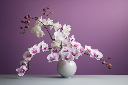 White orchid in a vase on a purple background. 3d renderingの素材