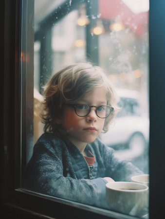 Cute little boy drinking coffee by the window in rainy winter dayの素材