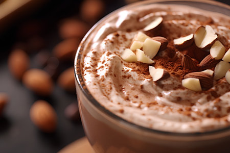 Hot chocolate with almonds on a black background. Close-up.の素材