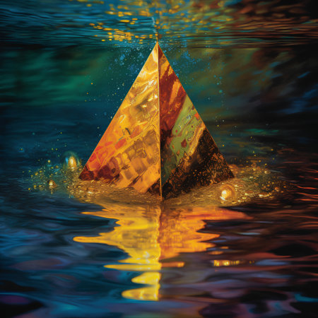 3d rendering of a pyramid floating in the water with a reflectionの素材