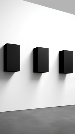 Three empty black boxes on a white wall. 3d rendering.の素材