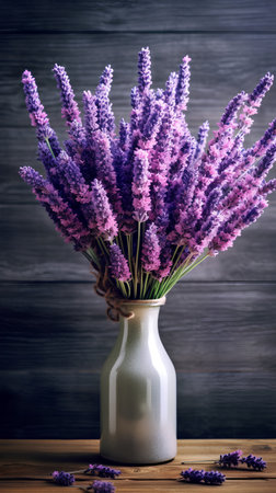 Bouquet of lavender flowers in vase on wooden backgroundの素材