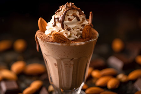 chocolate milkshake with whipped cream and almonds on dark backgroundの素材