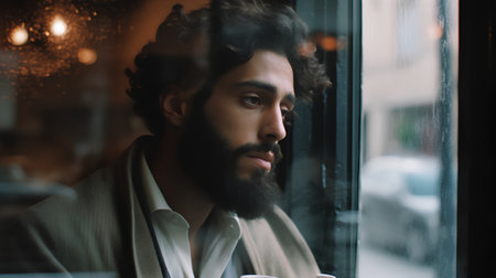 Portrait of a handsome bearded man looking out the window in a cafeの素材