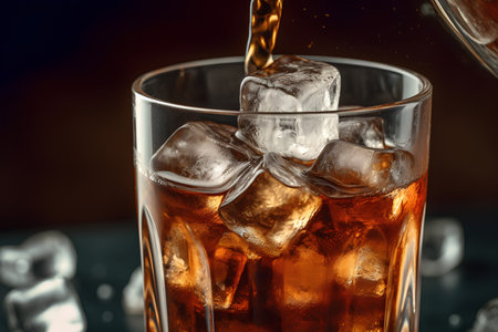 Pouring cola into glass with ice cubes on dark background, closeupの素材