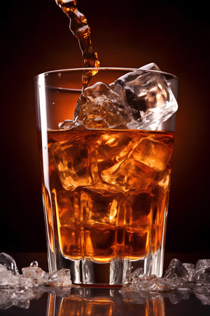 whiskey with ice cubes on a dark background, close-upの素材