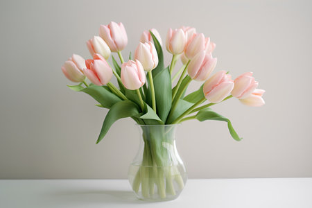 Bouquet of pink tulips in vase on white table.の素材