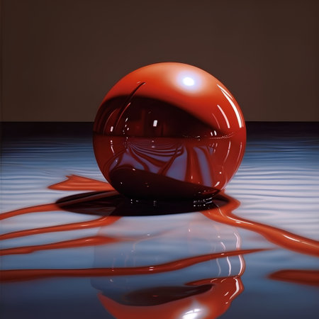 3d rendering of a red glass sphere in water with ripplesの素材