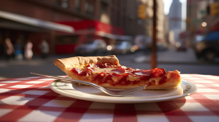 Pizza on a plate on the background of a city street.の素材