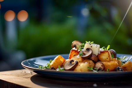 Fried potatoes with mushrooms, arugula and cheese on a plateの素材