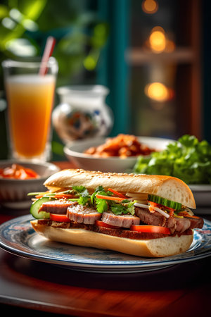 Sandwich with beef, vegetables and sauce on a wooden table.の素材