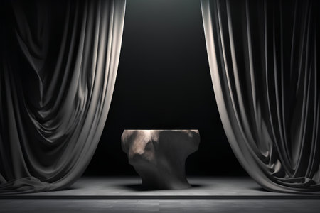 Black stage with drapes and wooden chair, 3d renderの素材