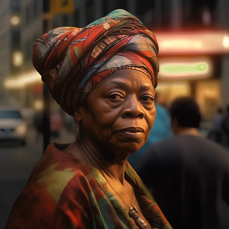 Portrait of an elderly African woman in a turban on the streetの素材