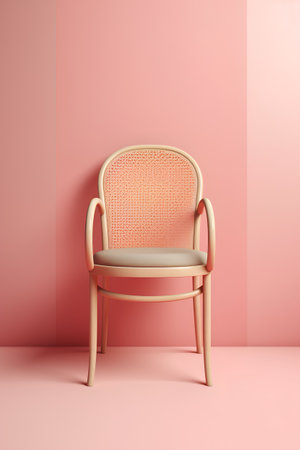 3d render of wicker chair on pink wall background. Minimalistic interior design.の素材
