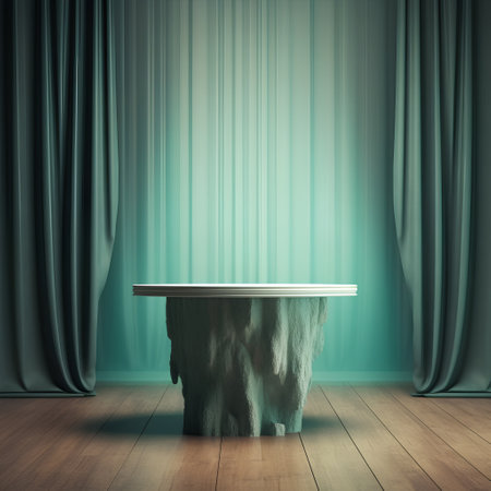 Empty table in room with green curtain. Mock up, 3D Renderingの素材