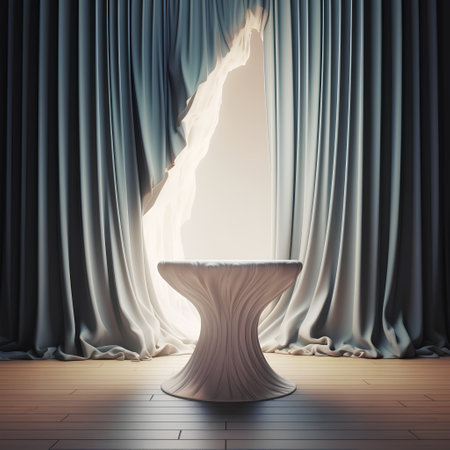 wooden table in front of a curtain. 3d render illustrationの素材