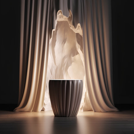 Minimalistic interior with a dark wooden floor, a large vase and a curtain. 3d rendering mock upの素材