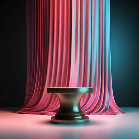 Theater stage with red curtains and a pedestal. Vector illustration.の素材