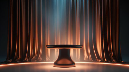 Curtains and a round table on a dark background. 3d renderの素材