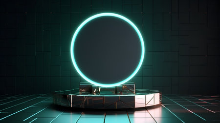 Futuristic podium with neon lights on a dark background. 3d renderingの素材