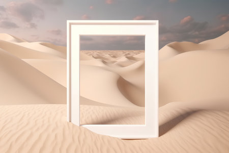 White picture frame in the desert. 3D render. Conceptual image.の素材