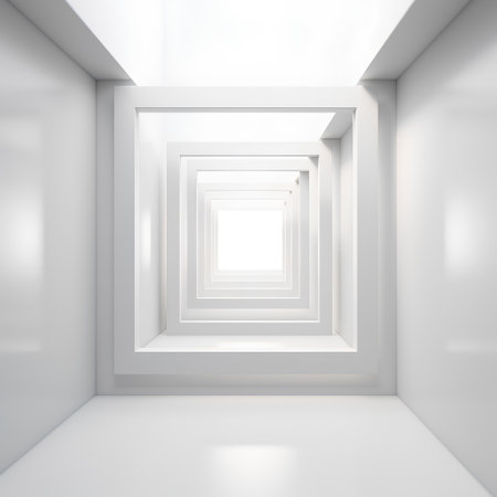 Illustration of a white empty room with a light in the endの素材